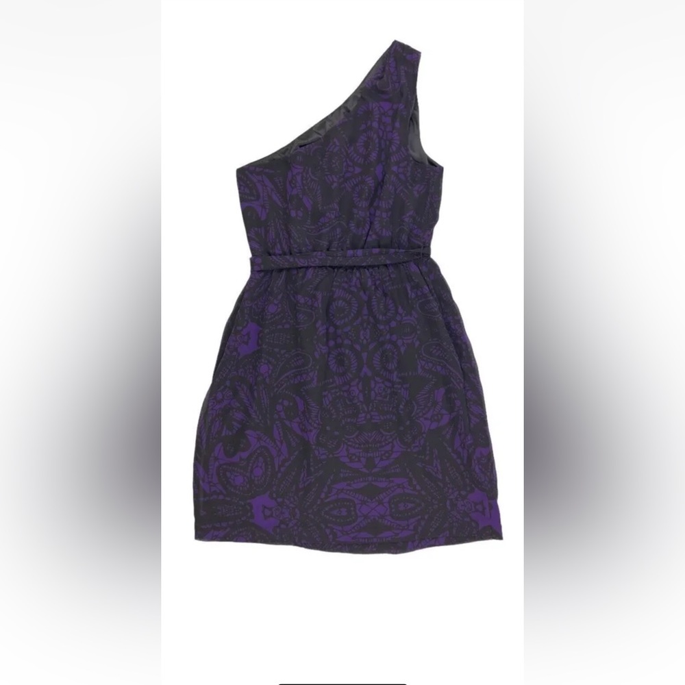 Express women’s one shoulder paisley print purple and black dress, medium.